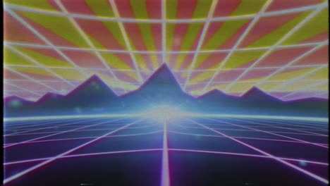 Retro-Años-80-Vhs-Cinta-Videojuego-Introducción-Paisaje-Vector-Arcade-Estructura-Metálica-Montañas